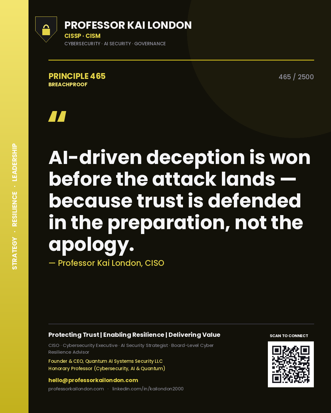 Quote card by Professor Kai London reading 'AI-driven deception is won before the attack lands — because trust is defended in the preparation, not the apology.'. From the book Breachproof.