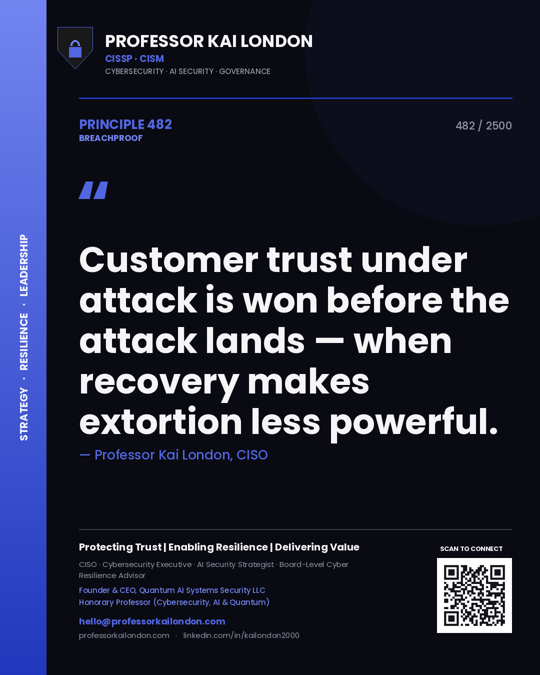 Quote card by Professor Kai London reading 'Customer trust under attack is won before the attack lands — when recovery makes extortion less powerful.'. From the book Breachproof.