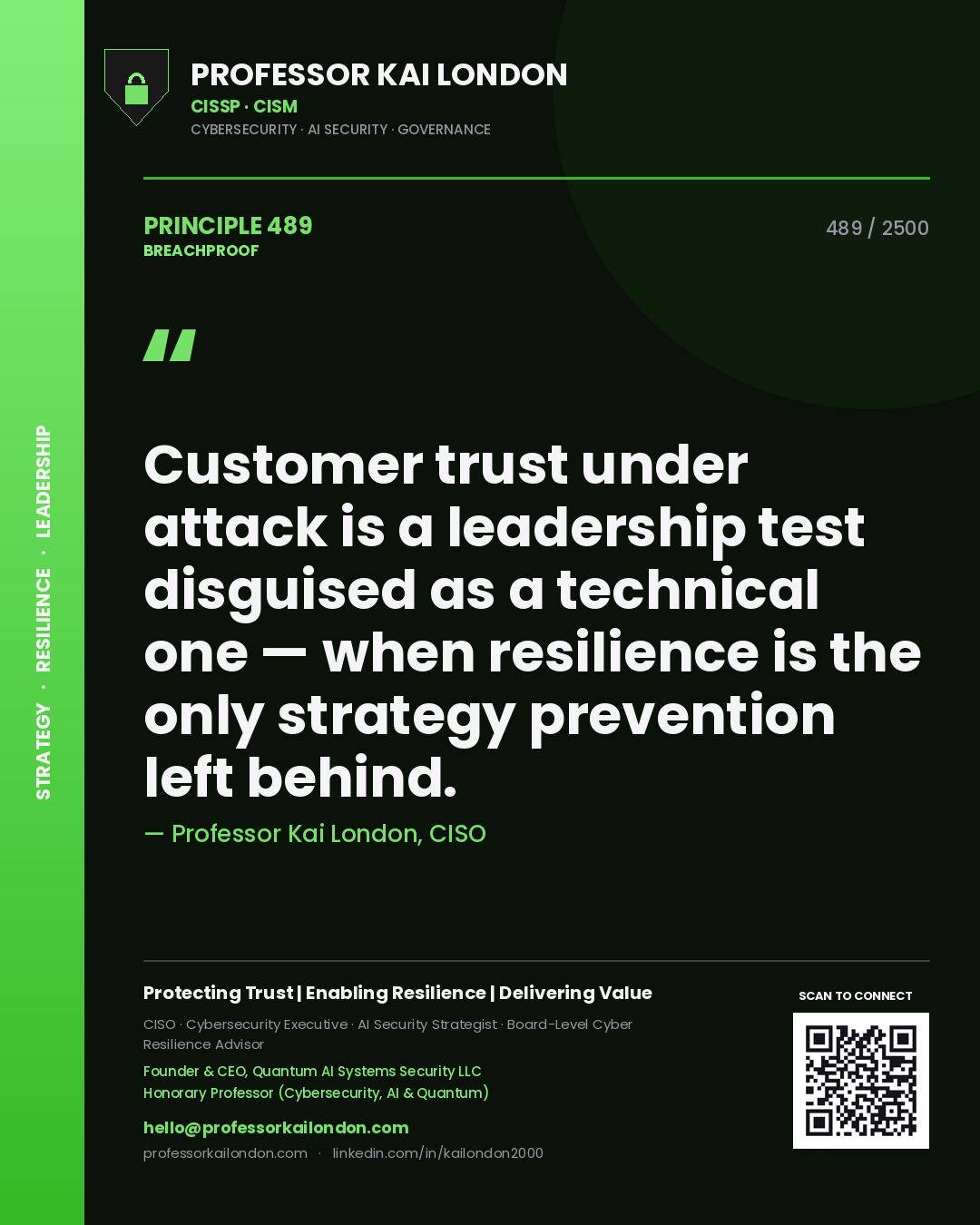 Quote card by Professor Kai London reading 'Customer trust under attack is a leadership test disguised as a technical one — when resilience is the only strategy prevention left behind.'. From the book Breachproof.