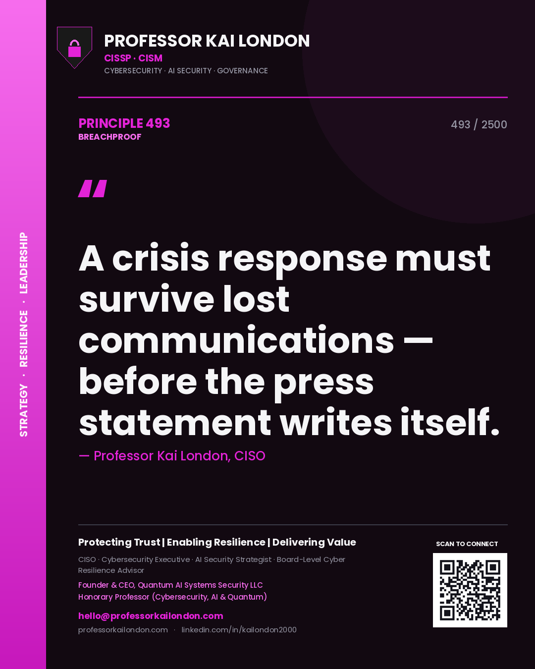 Quote card by Professor Kai London reading 'A crisis response must survive lost communications — before the press statement writes itself.'. From the book Breachproof.