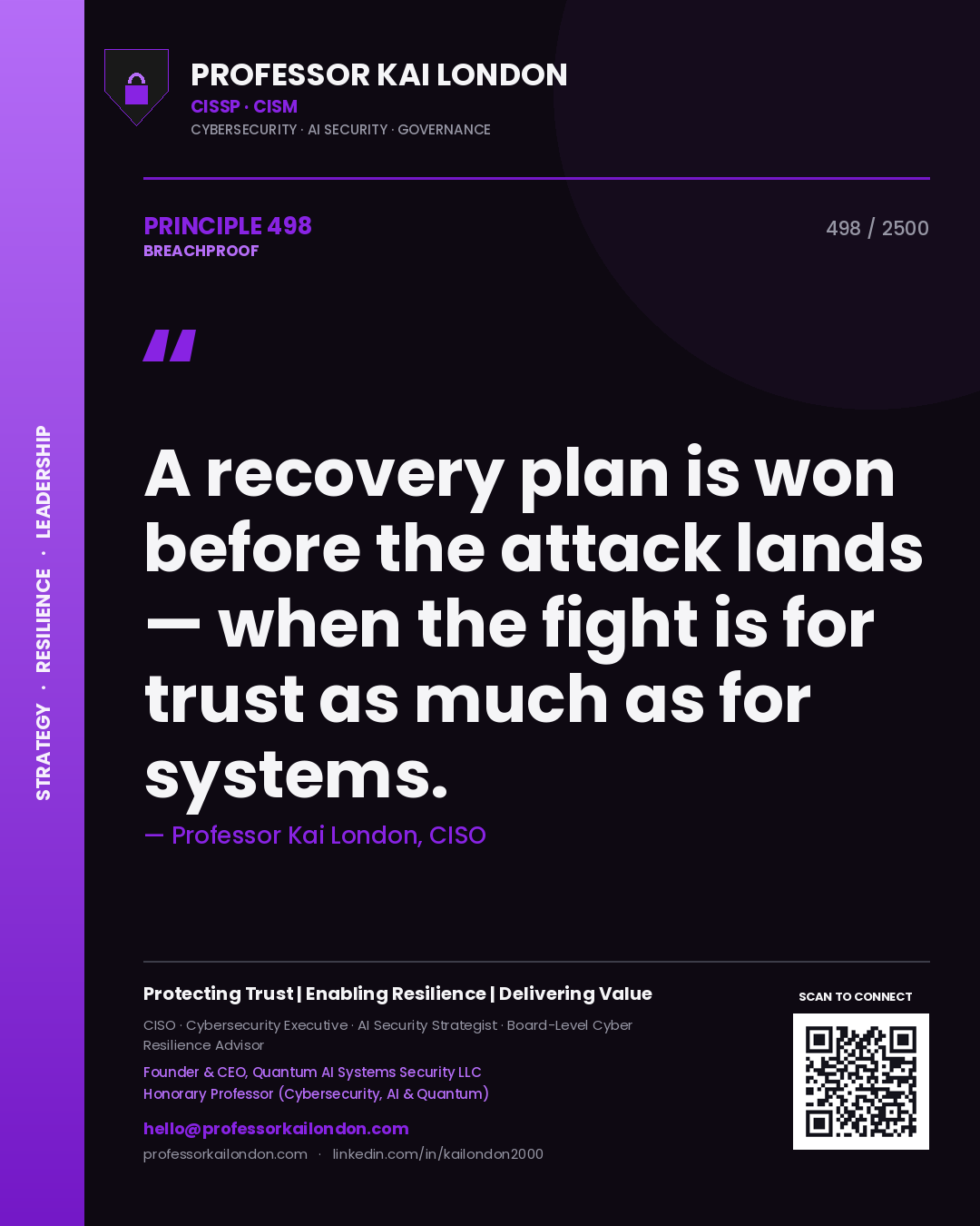 Quote card by Professor Kai London reading 'A recovery plan is won before the attack lands — when the fight is for trust as much as for systems.'. From the book Breachproof.