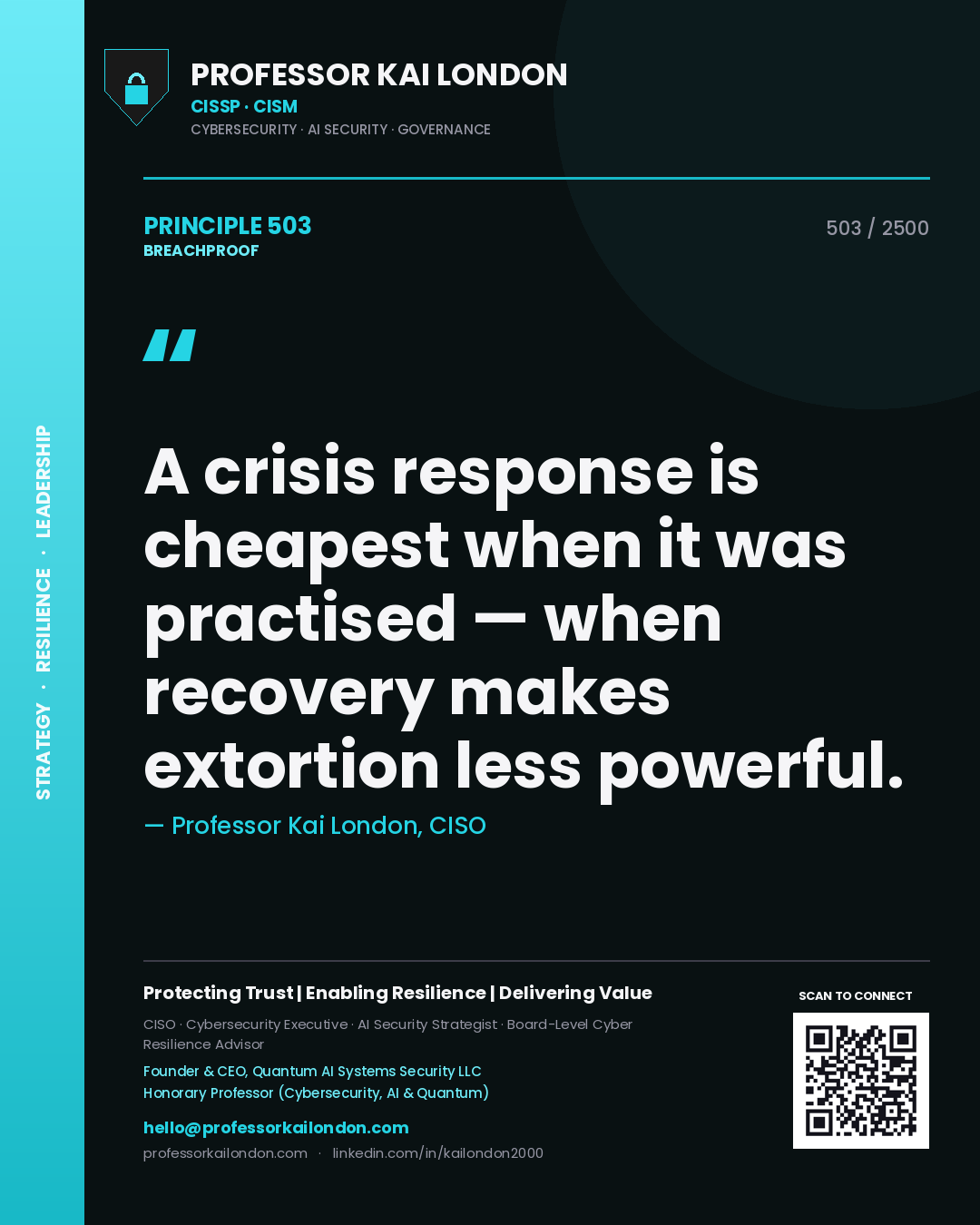 Quote card by Professor Kai London reading 'A crisis response is cheapest when it was practised — when recovery makes extortion less powerful.'. From the book Breachproof.