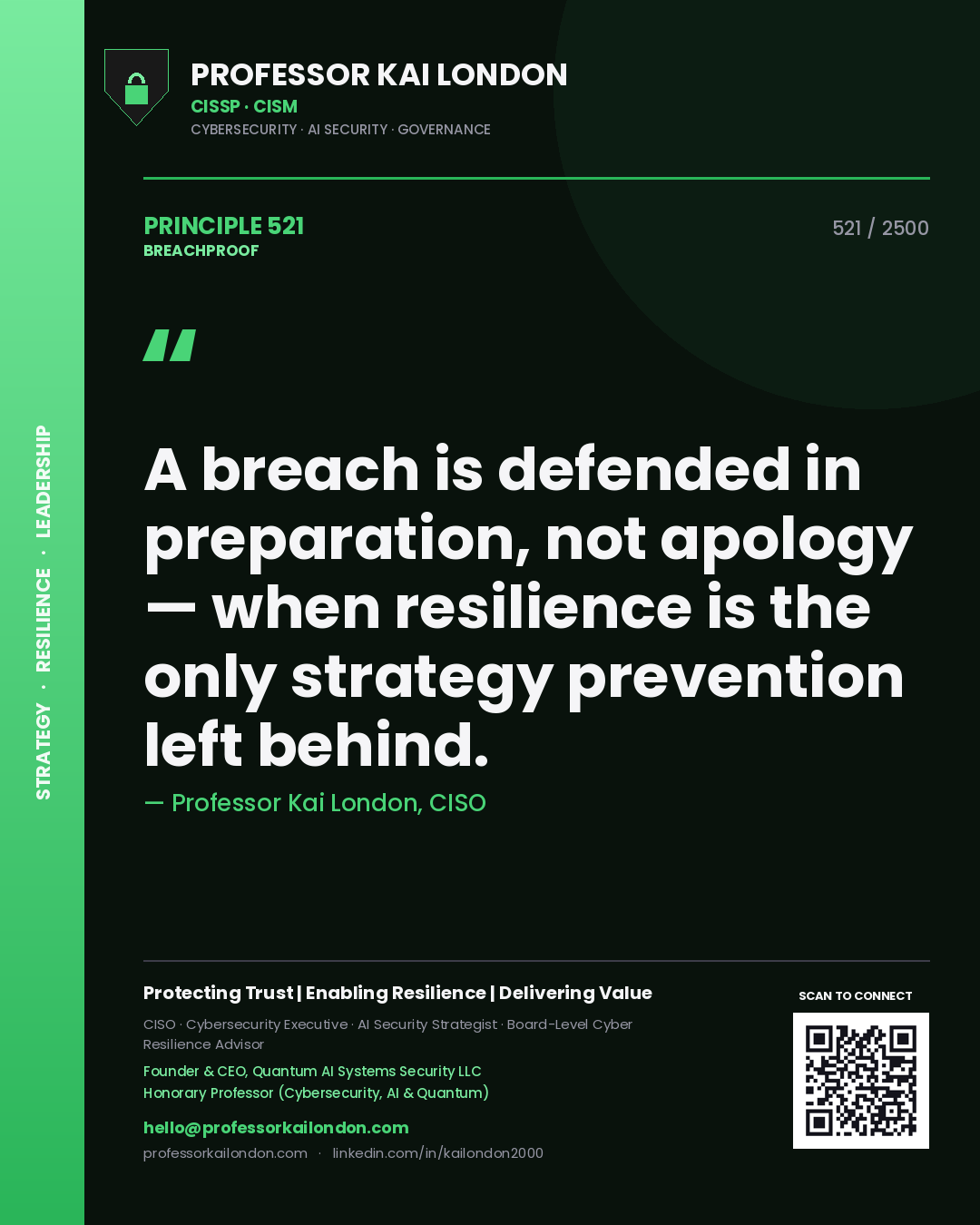 Professor Kai London principle 521: A breach is defended in preparation, not apology — when resilience is the only strategy prevention left behind.