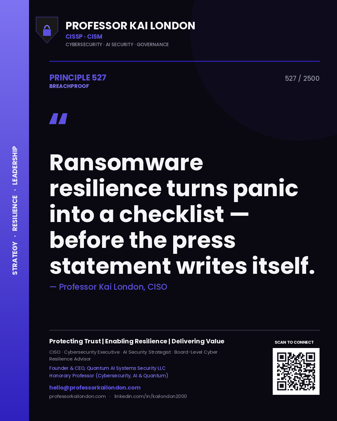Quote card by Professor Kai London reading 'Ransomware resilience turns panic into a checklist — before the press statement writes itself.'. From the book Breachproof.