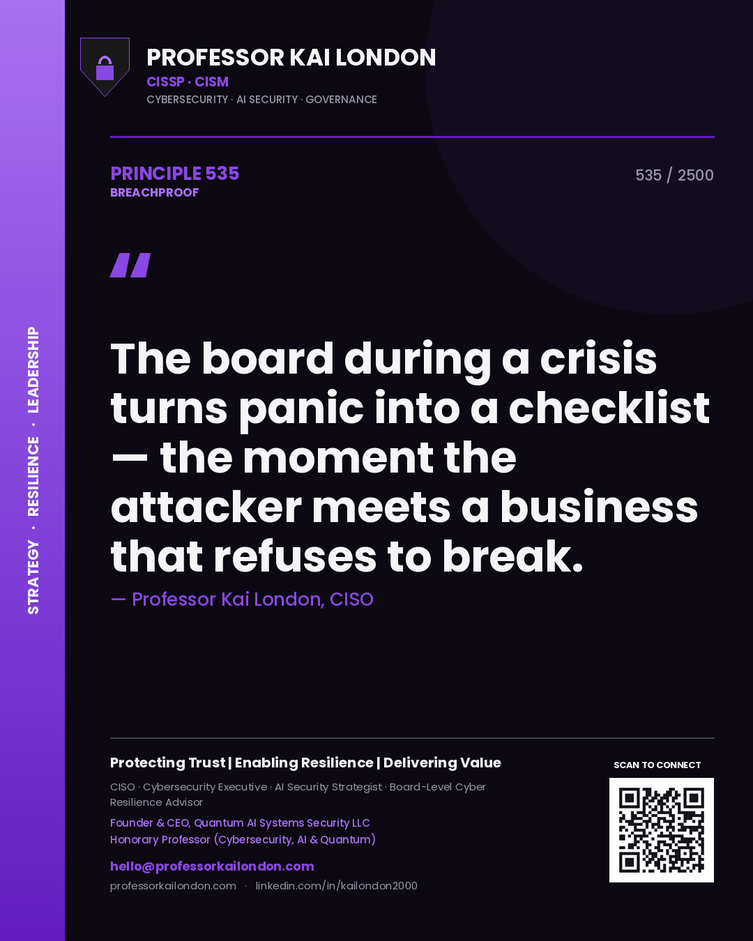 Quote card by Professor Kai London reading 'The board during a crisis turns panic into a checklist — the moment the attacker meets a business that refuses to break.'. From the book Breachproof.