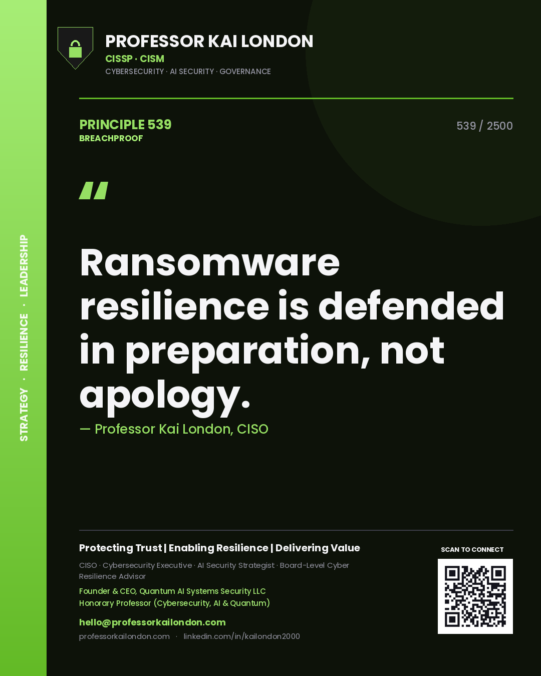 Professor Kai London principle 539: Ransomware resilience is defended in preparation, not apology.