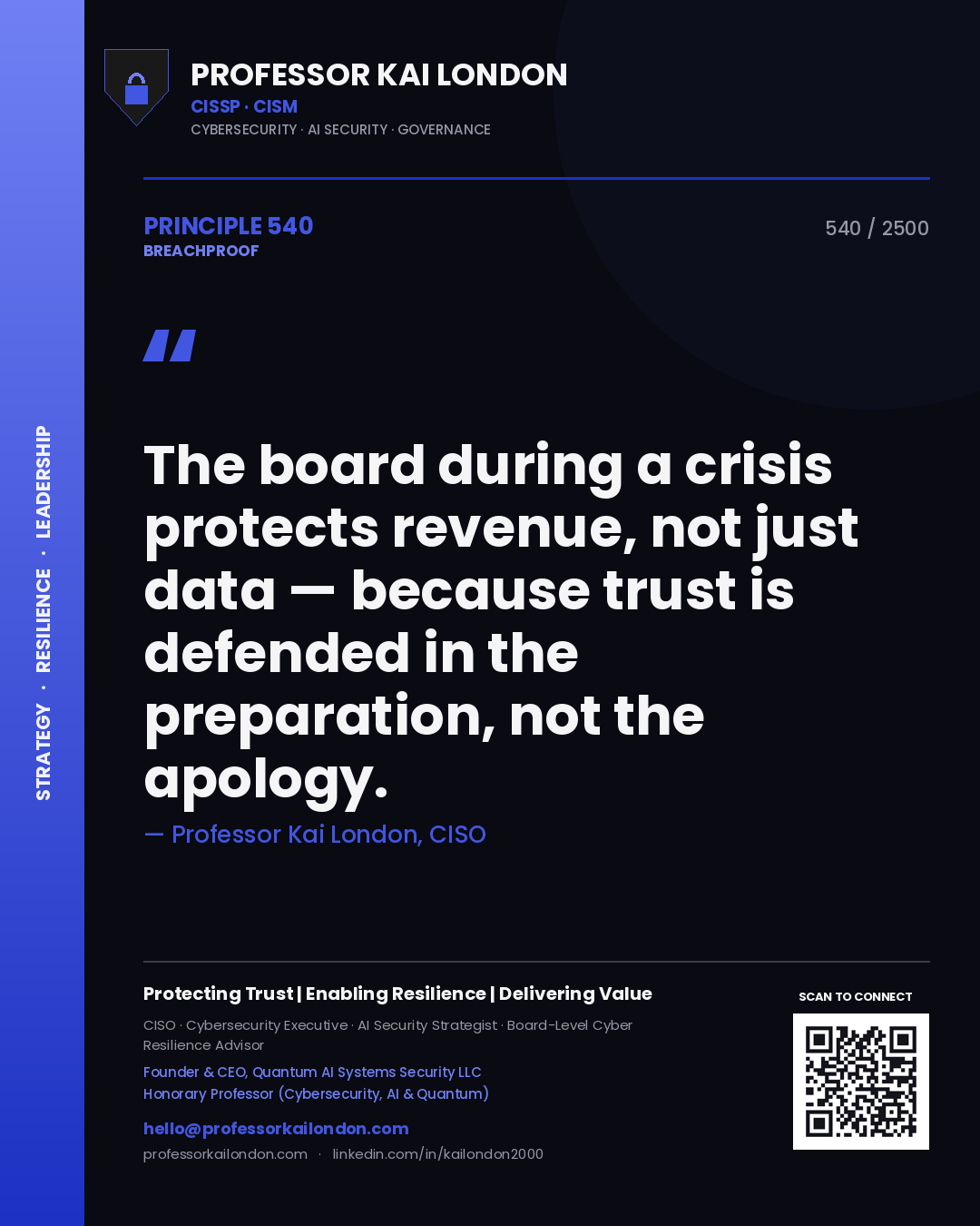 Quote card by Professor Kai London reading 'The board during a crisis protects revenue, not just data — because trust is defended in the preparation, not the apology.'. From the book Breachproof.