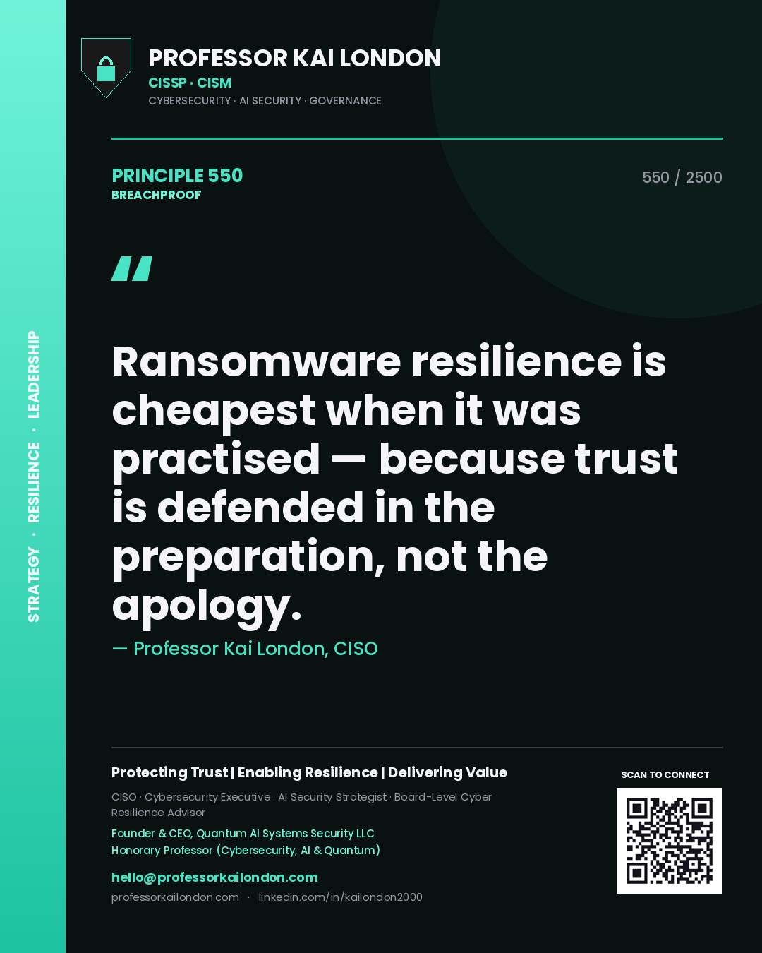 Quote card by Professor Kai London reading 'Ransomware resilience is cheapest when it was practised — because trust is defended in the preparation, not the apology.'. From the book Breachproof.