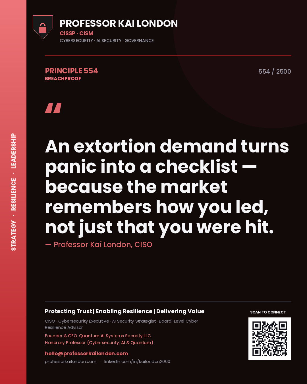 Professor Kai London principle 554: An extortion demand turns panic into a checklist — because the market remembers how you led, not just that you were hit.