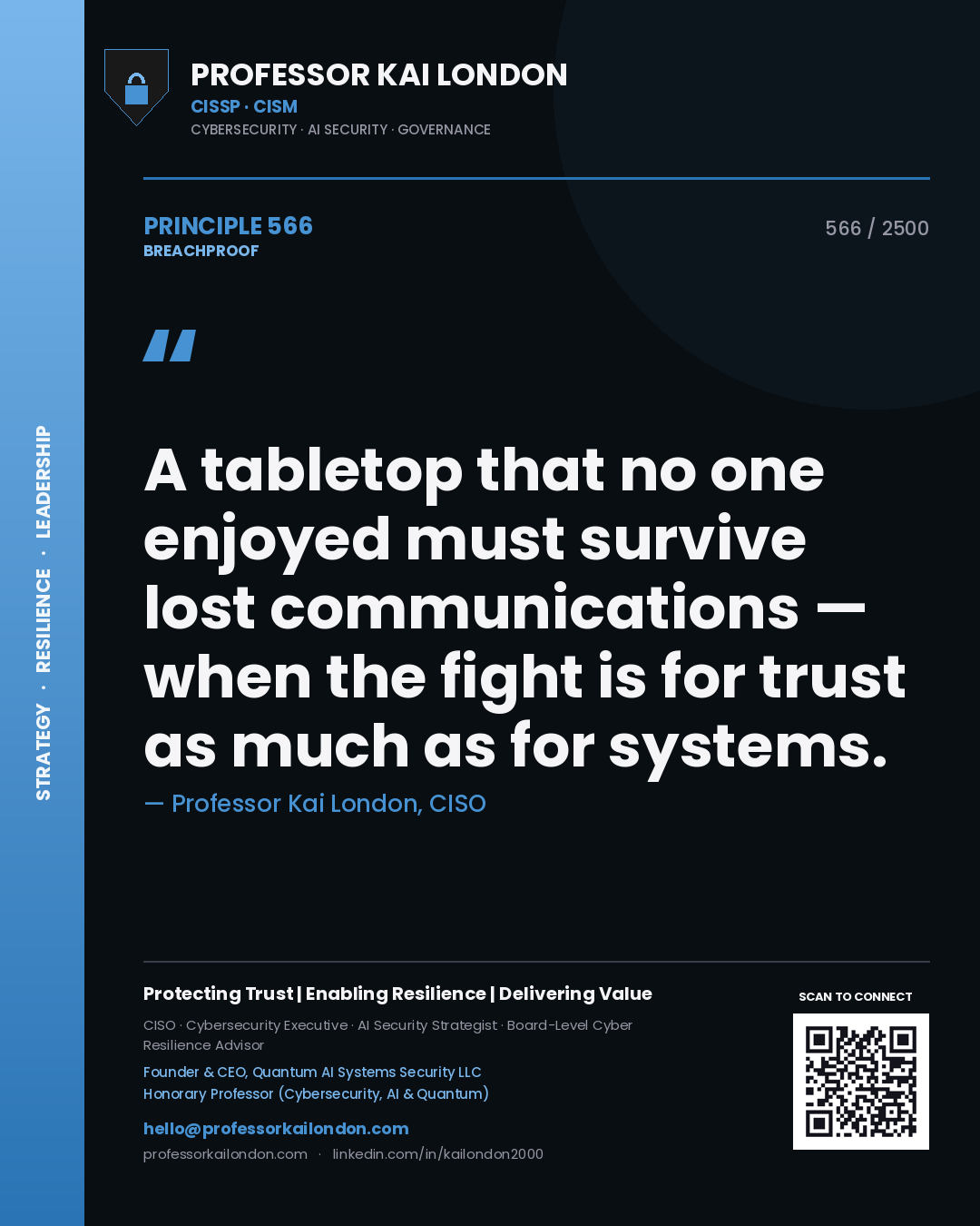 Professor Kai London principle 566: A tabletop that no one enjoyed must survive lost communications — when the fight is for trust as much as for systems.