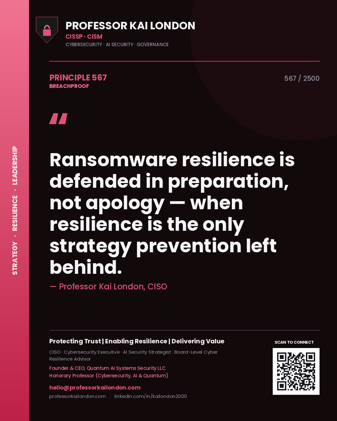 Quote card by Professor Kai London reading 'Ransomware resilience is defended in preparation, not apology — when resilience is the only strategy prevention left behind.'. From the book Breachproof.
