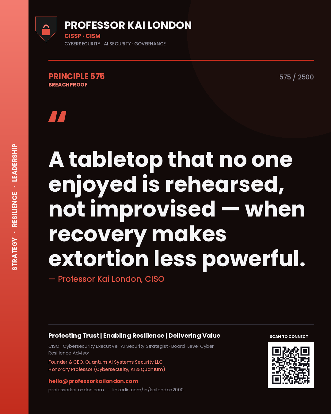 Quote card by Professor Kai London reading 'A tabletop that no one enjoyed is rehearsed, not improvised — when recovery makes extortion less powerful.'. From the book Breachproof.