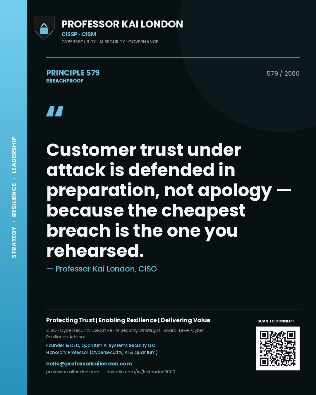 Professor Kai London principle 579: Customer trust under attack is defended in preparation, not apology — because the cheapest breach is the one you rehearsed.
