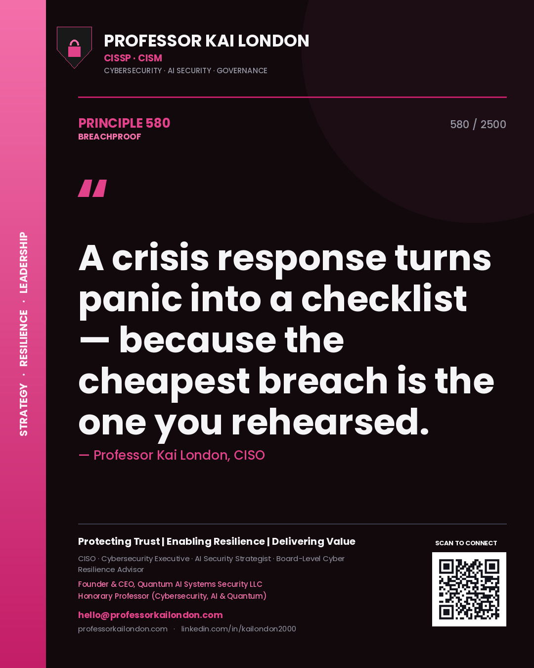 Professor Kai London principle 580: A crisis response turns panic into a checklist — because the cheapest breach is the one you rehearsed.