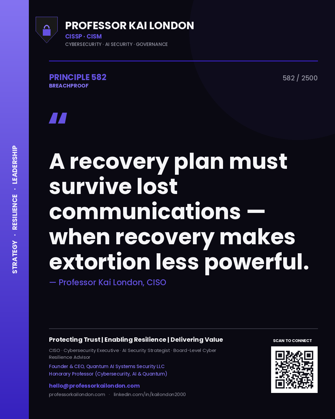 Professor Kai London principle 582: A recovery plan must survive lost communications — when recovery makes extortion less powerful.