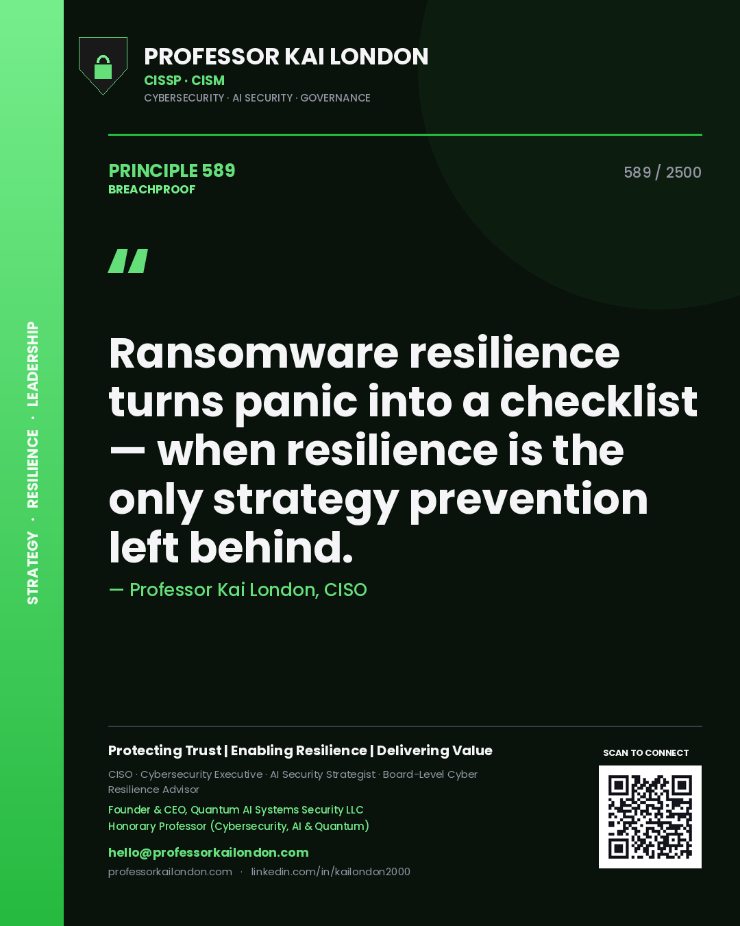 Professor Kai London principle 589: Ransomware resilience turns panic into a checklist — when resilience is the only strategy prevention left behind.