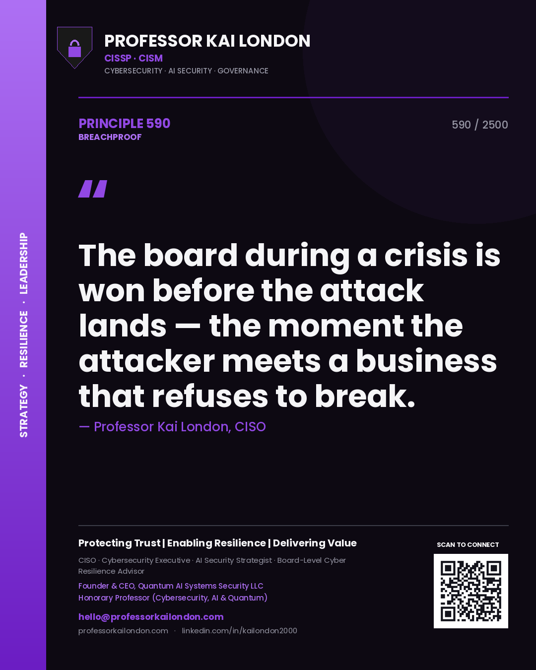 Quote card by Professor Kai London reading 'The board during a crisis is won before the attack lands — the moment the attacker meets a business that refuses to break.'. From the book Breachproof.
