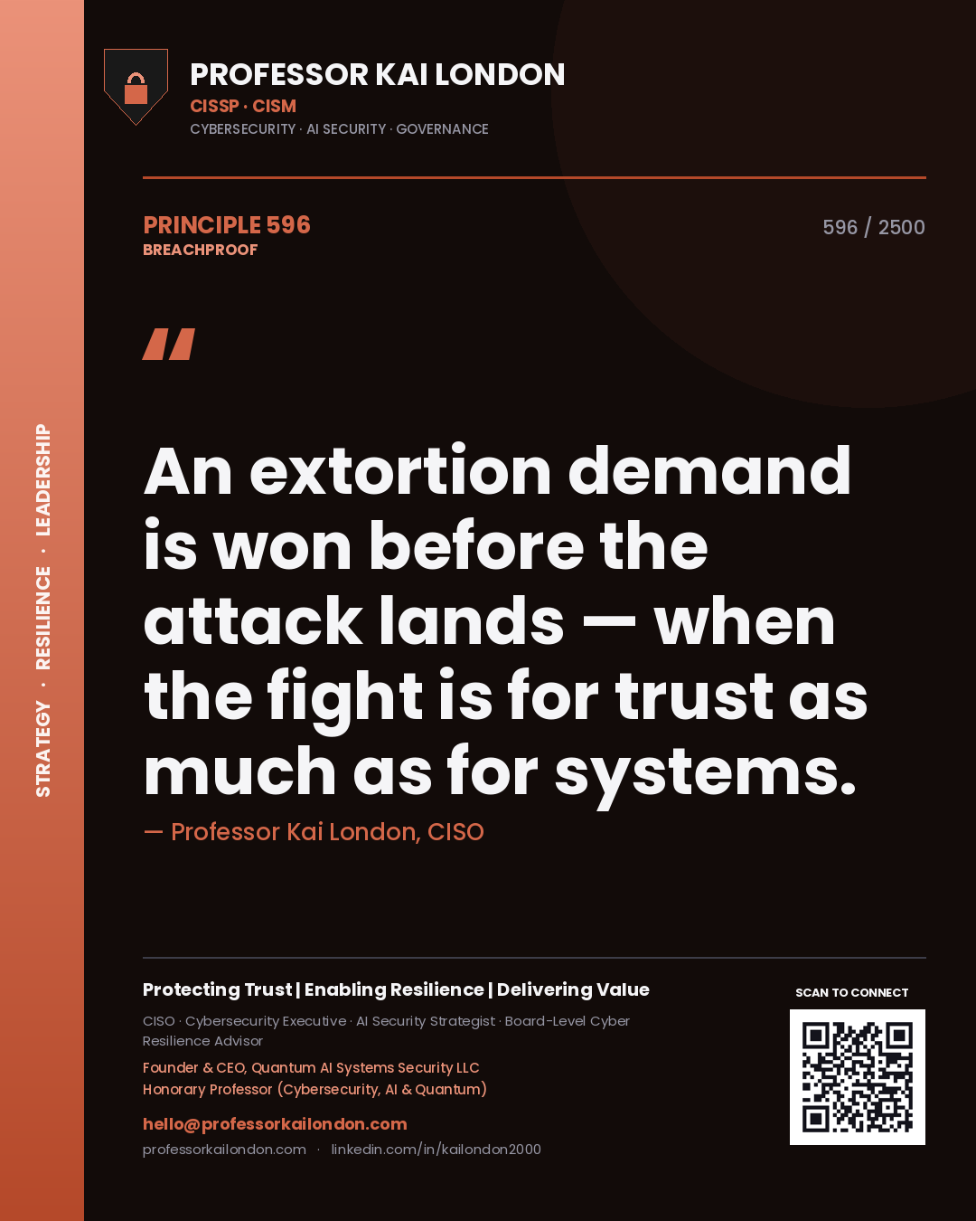 Professor Kai London principle 596: An extortion demand is won before the attack lands — when the fight is for trust as much as for systems.