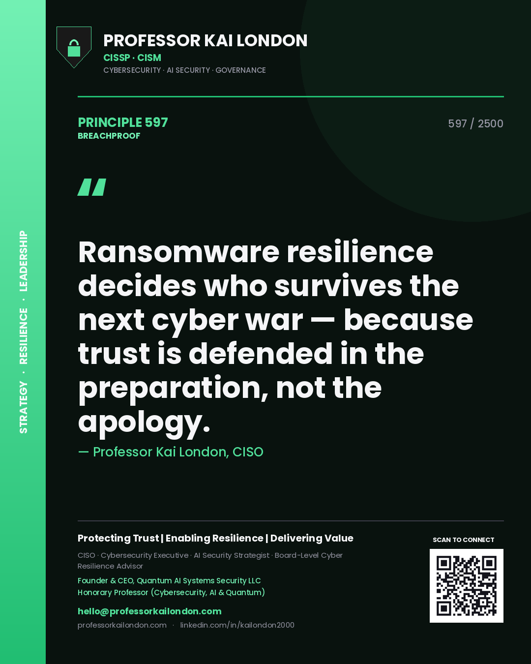 Quote card by Professor Kai London reading 'Ransomware resilience decides who survives the next cyber war — because trust is defended in the preparation, not the apology.'. From the book Breachproof.