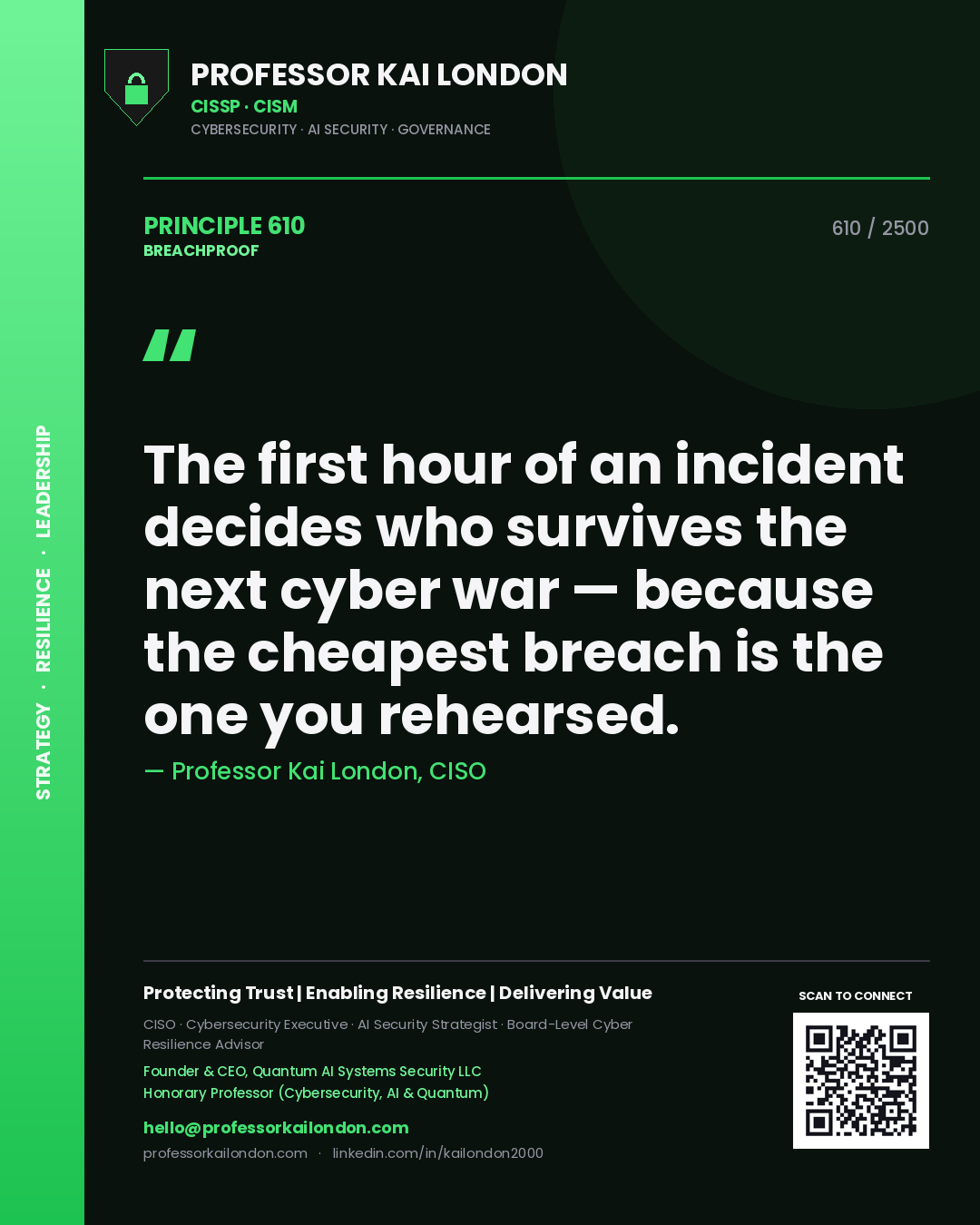 Professor Kai London principle 610: The first hour of an incident decides who survives the next cyber war — because the cheapest breach is the one you rehearsed.