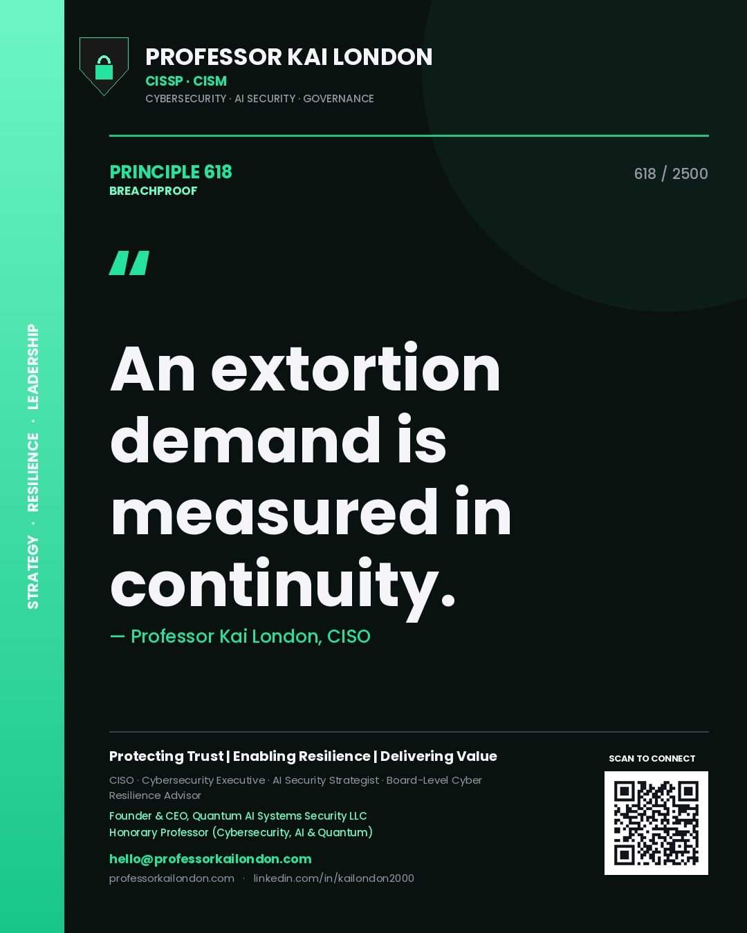 Quote card by Professor Kai London reading 'An extortion demand is measured in continuity.'. From the book Breachproof.