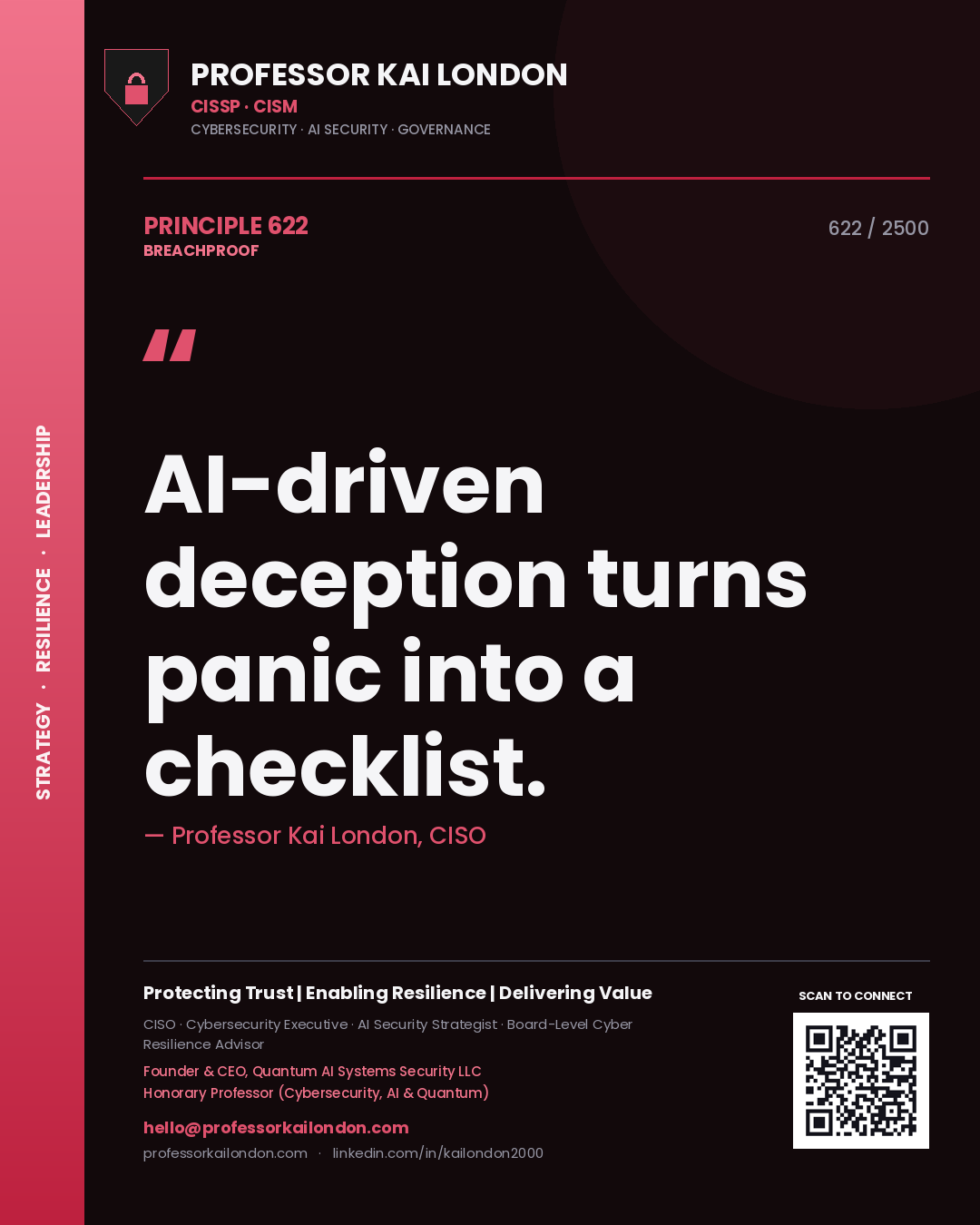 Quote card by Professor Kai London reading 'AI-driven deception turns panic into a checklist.'. From the book Breachproof.