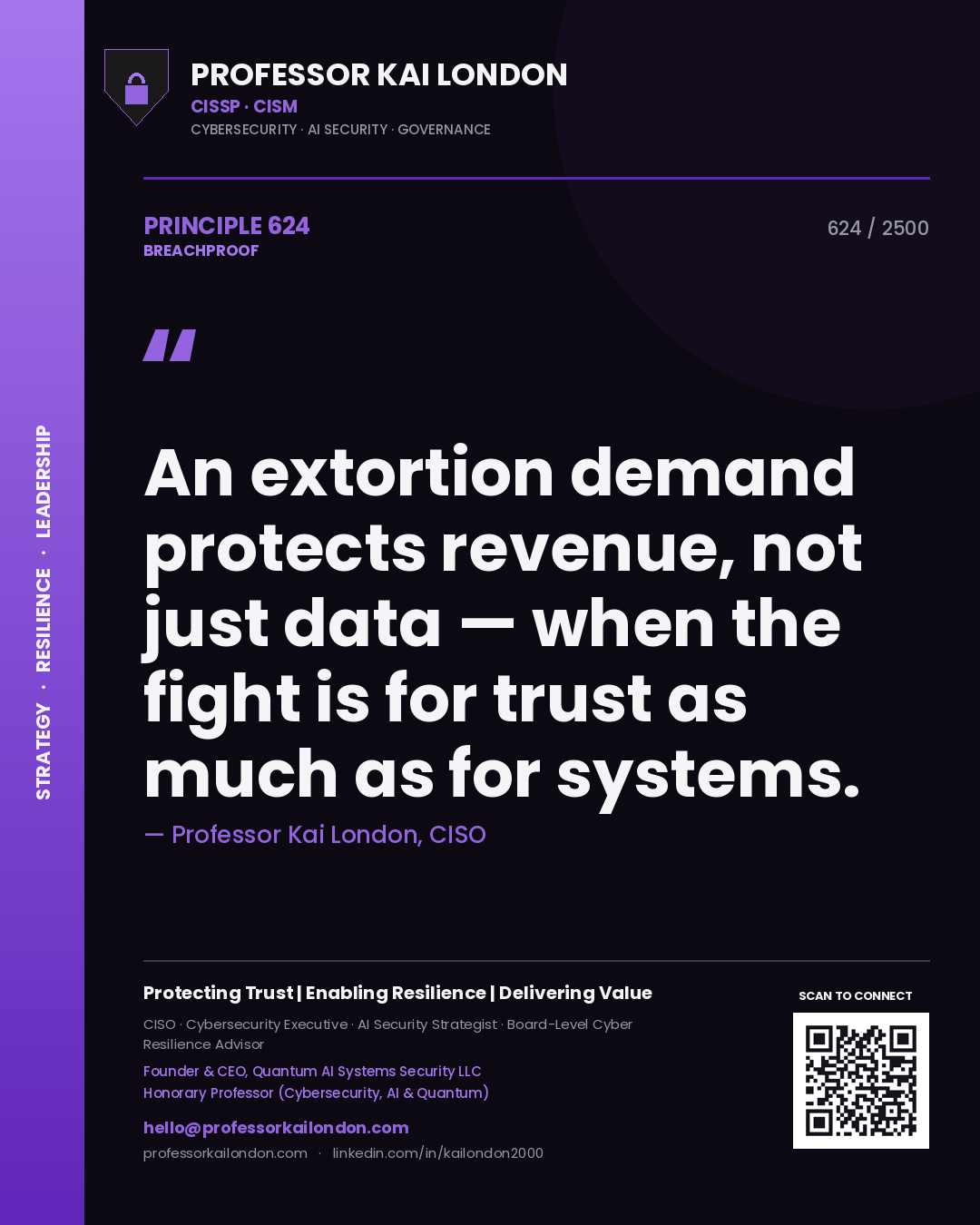 Quote card by Professor Kai London reading 'An extortion demand protects revenue, not just data — when the fight is for trust as much as for systems.'. From the book Breachproof.