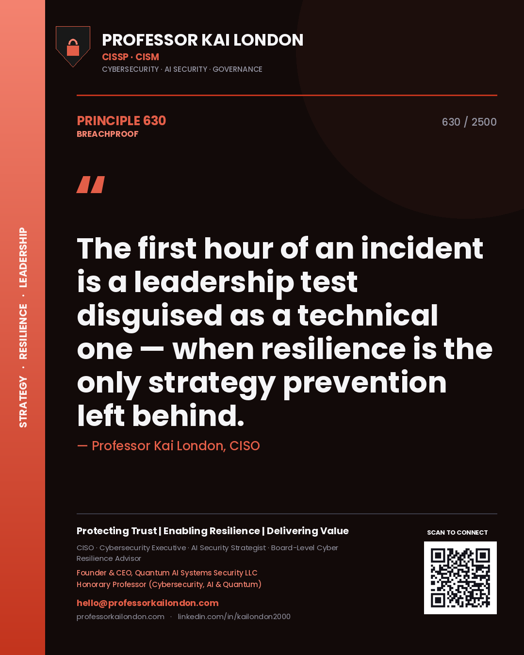 Professor Kai London principle 630: The first hour of an incident is a leadership test disguised as a technical one — when resilience is the only strategy prevention left behind.