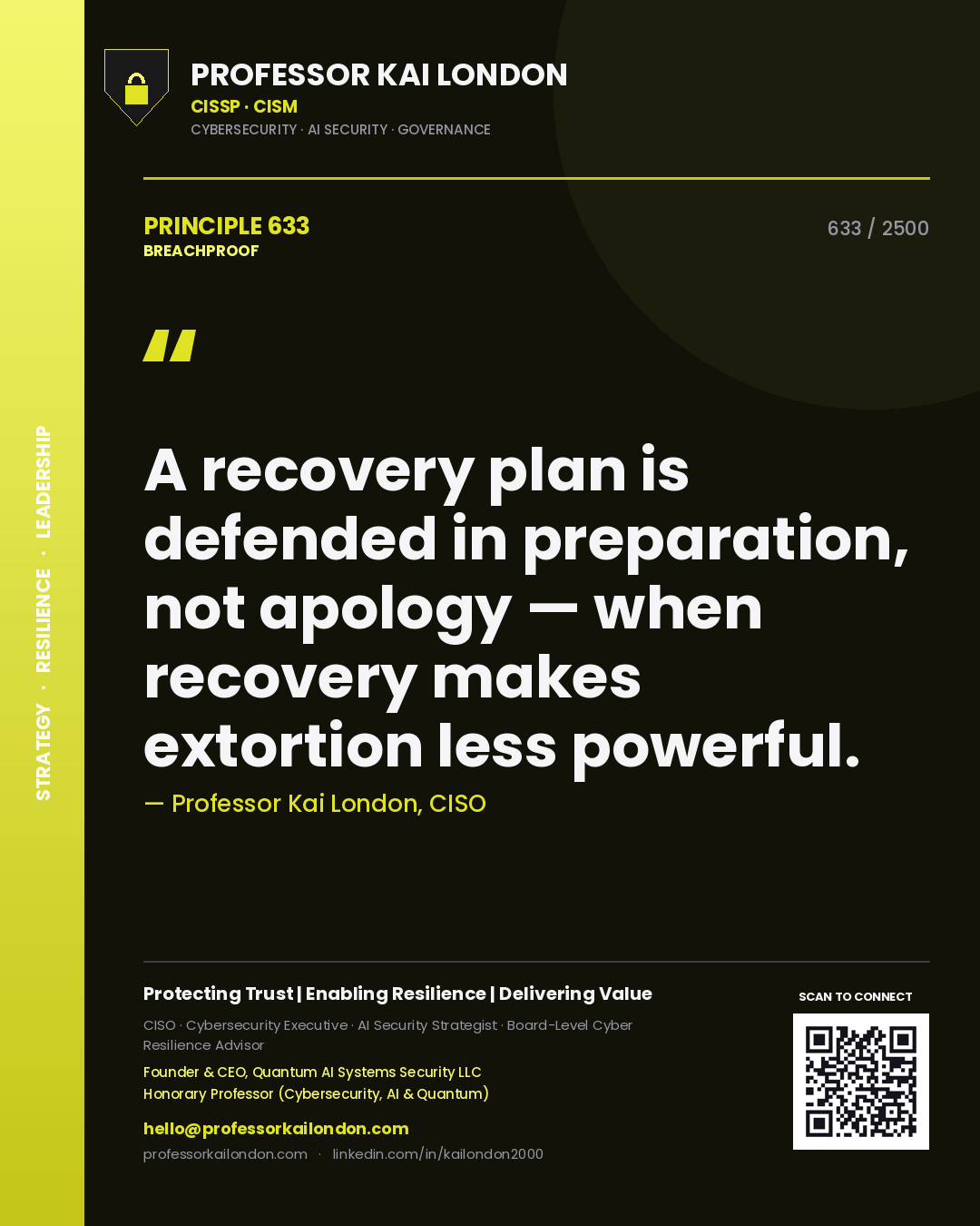 Quote card by Professor Kai London reading 'A recovery plan is defended in preparation, not apology — when recovery makes extortion less powerful.'. From the book Breachproof.