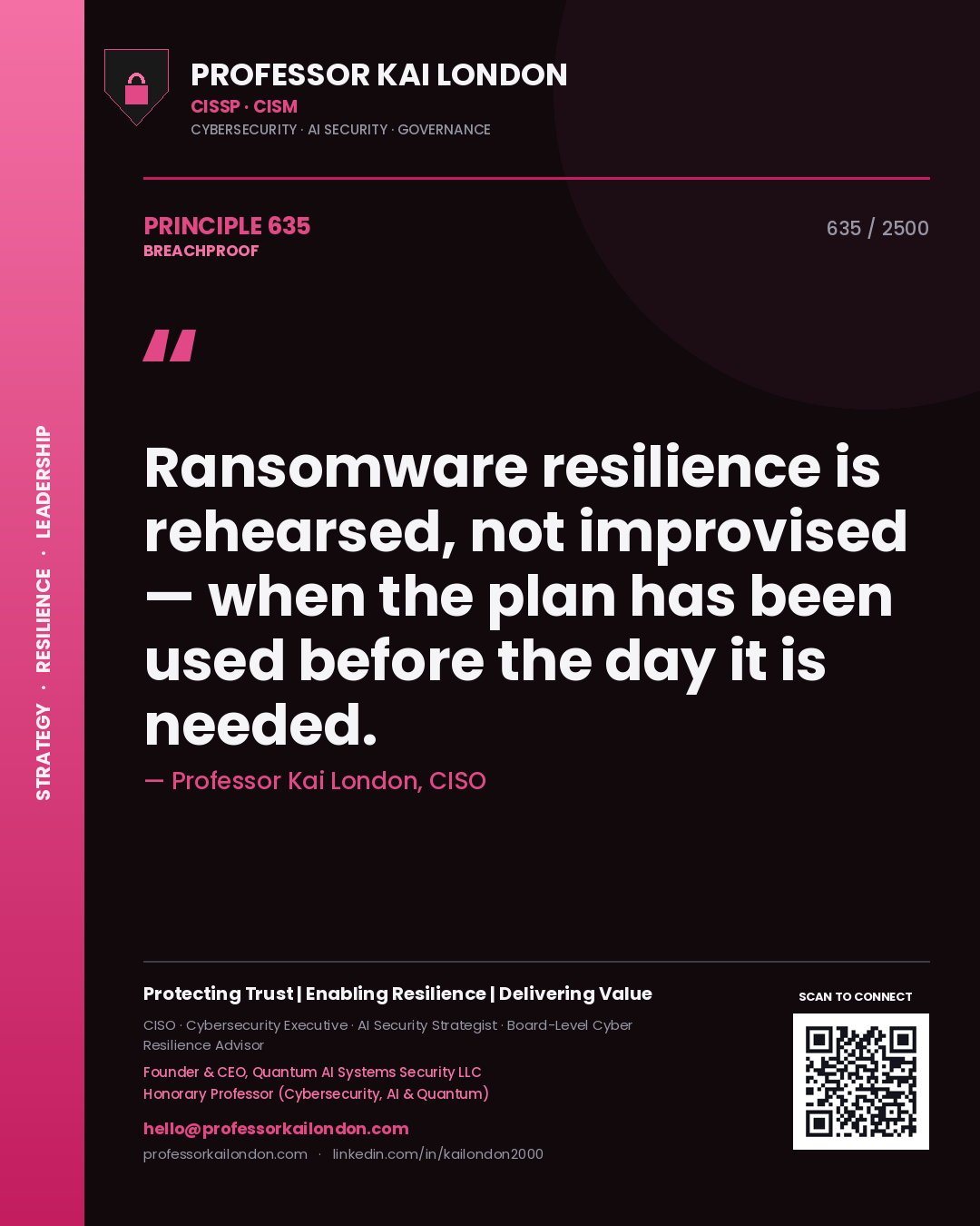 Professor Kai London principle 635: Ransomware resilience is rehearsed, not improvised — when the plan has been used before the day it is needed.