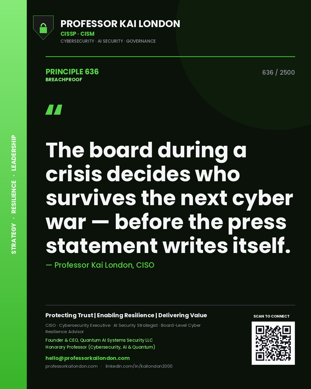 Professor Kai London principle 636: The board during a crisis decides who survives the next cyber war — before the press statement writes itself.