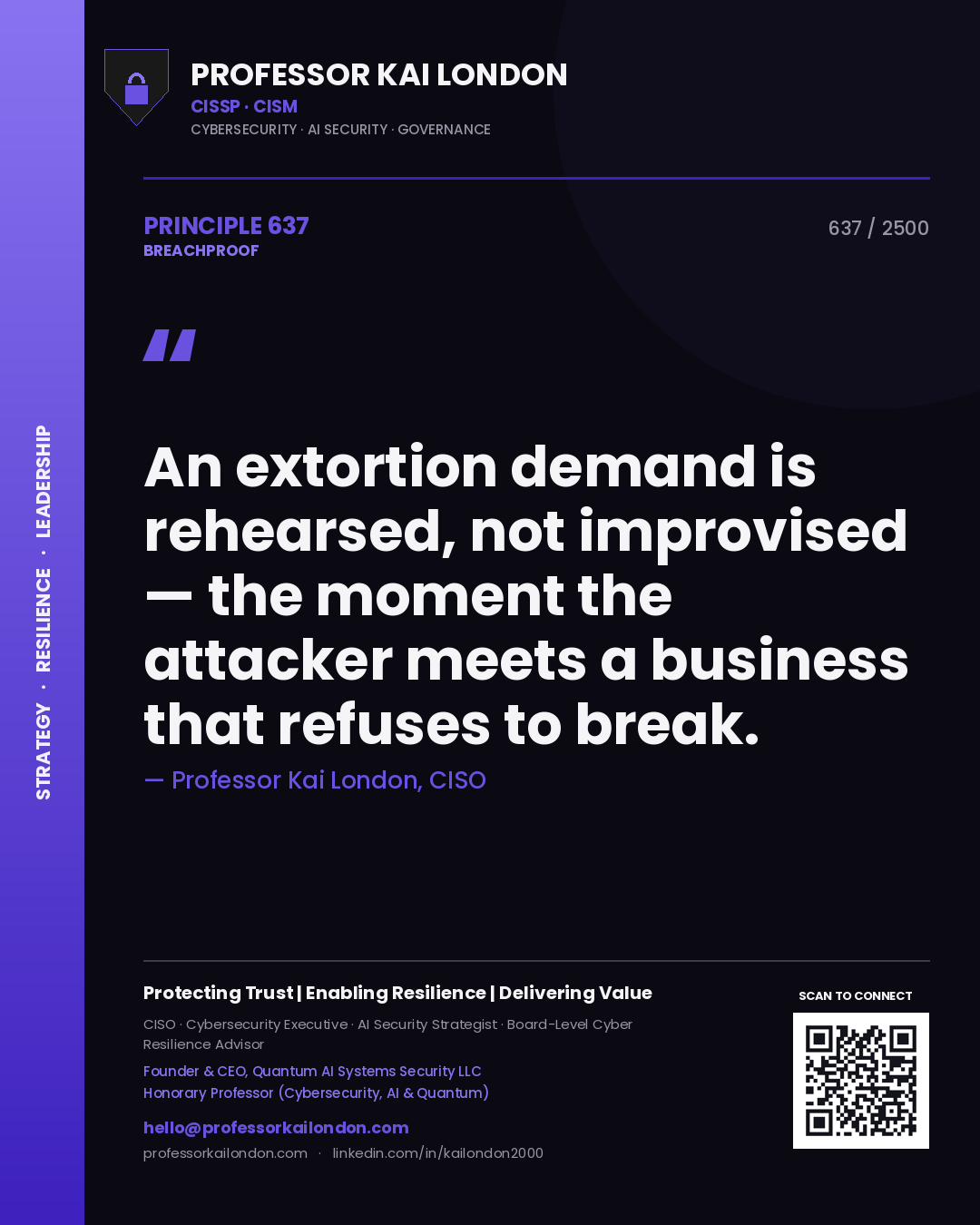 Professor Kai London principle 637: An extortion demand is rehearsed, not improvised — the moment the attacker meets a business that refuses to break.