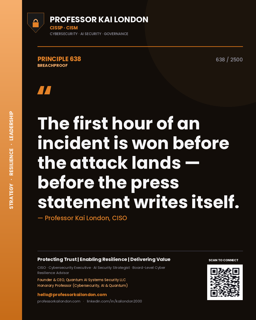 Professor Kai London principle 638: The first hour of an incident is won before the attack lands — before the press statement writes itself.