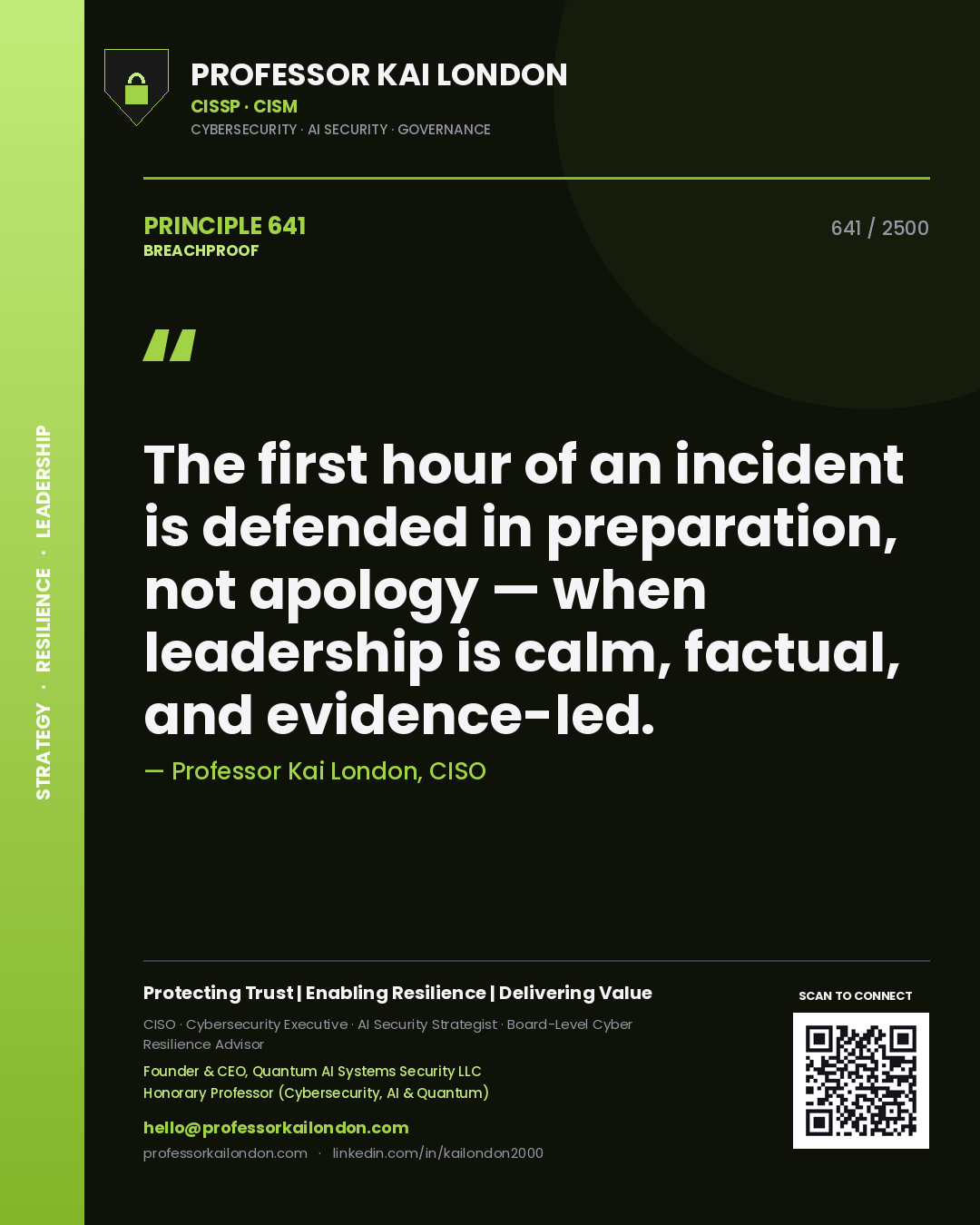 Professor Kai London principle 641: The first hour of an incident is defended in preparation, not apology — when leadership is calm, factual, and evidence-led.