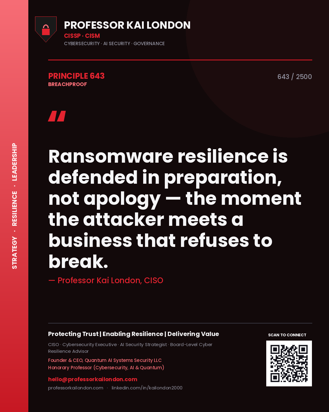 Professor Kai London principle 643: Ransomware resilience is defended in preparation, not apology — the moment the attacker meets a business that refuses to break.