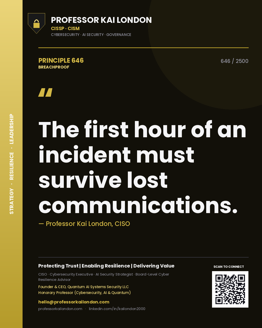 Quote card by Professor Kai London reading 'The first hour of an incident must survive lost communications.'. From the book Breachproof.