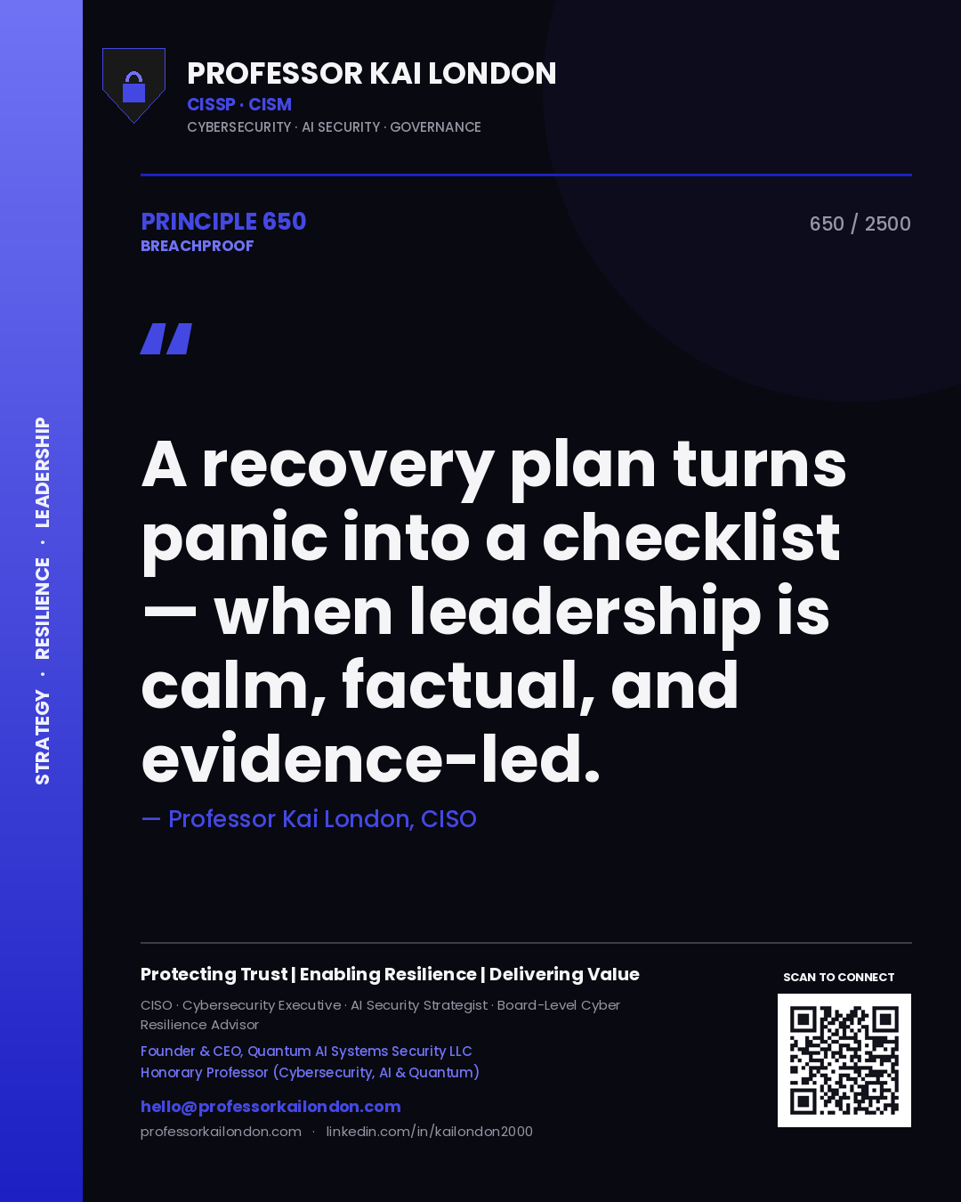 Professor Kai London principle 650: A recovery plan turns panic into a checklist — when leadership is calm, factual, and evidence-led.