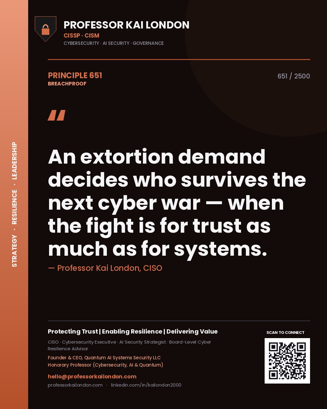 Professor Kai London principle 651: An extortion demand decides who survives the next cyber war — when the fight is for trust as much as for systems.