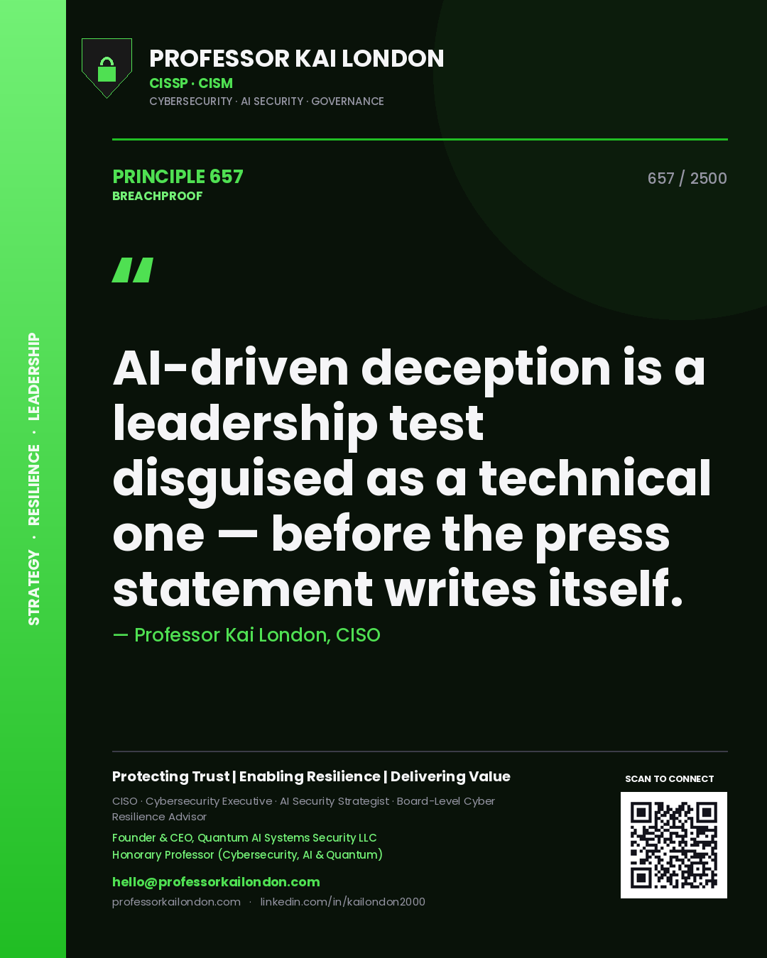 Professor Kai London principle 657: AI-driven deception is a leadership test disguised as a technical one — before the press statement writes itself.