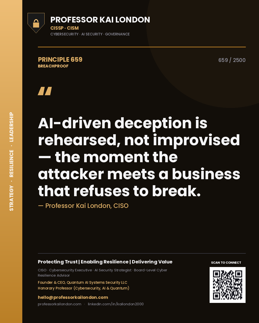 Professor Kai London principle 659: AI-driven deception is rehearsed, not improvised — the moment the attacker meets a business that refuses to break.