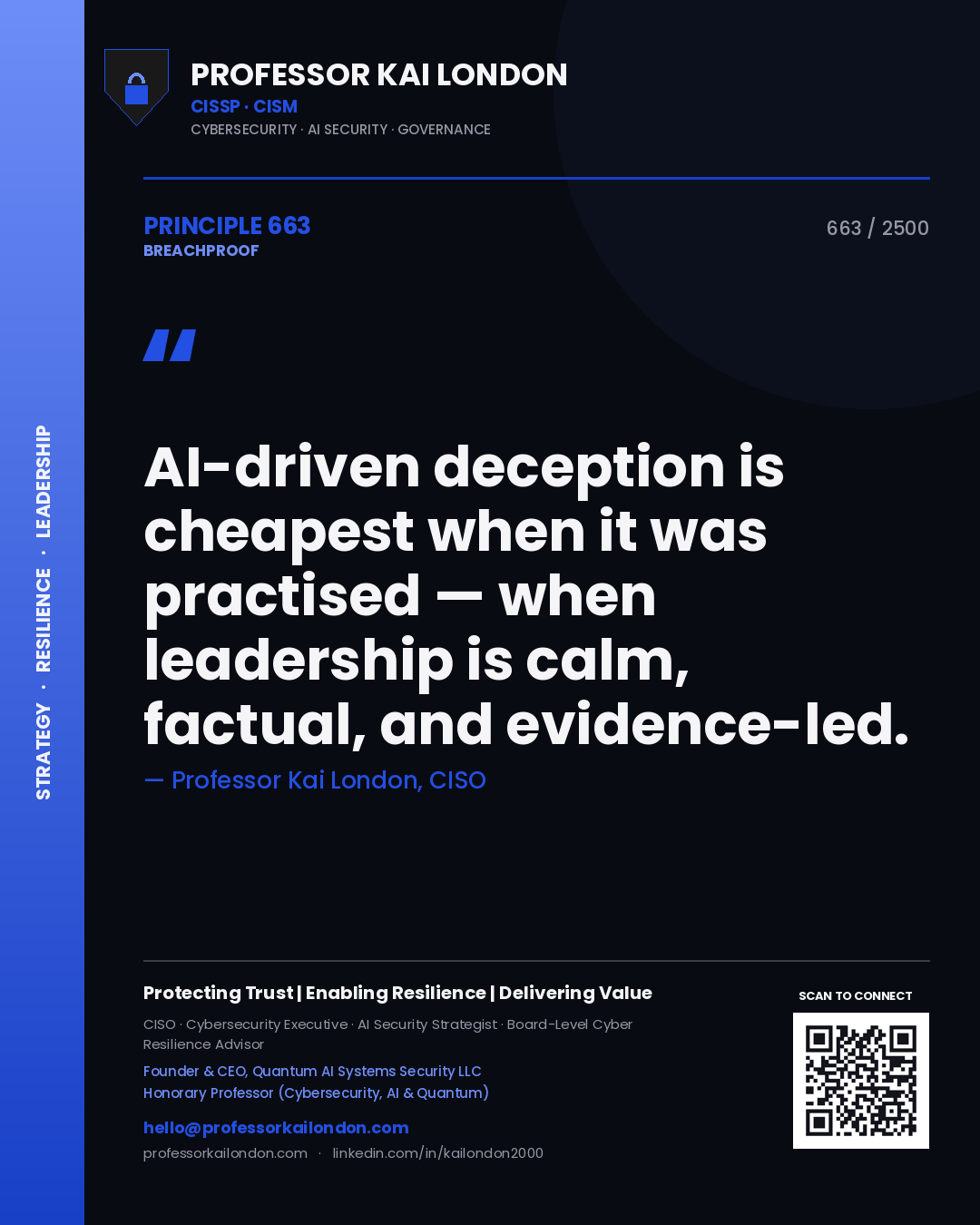Quote card by Professor Kai London reading 'AI-driven deception is cheapest when it was practised — when leadership is calm, factual, and evidence-led.'. From the book Breachproof.