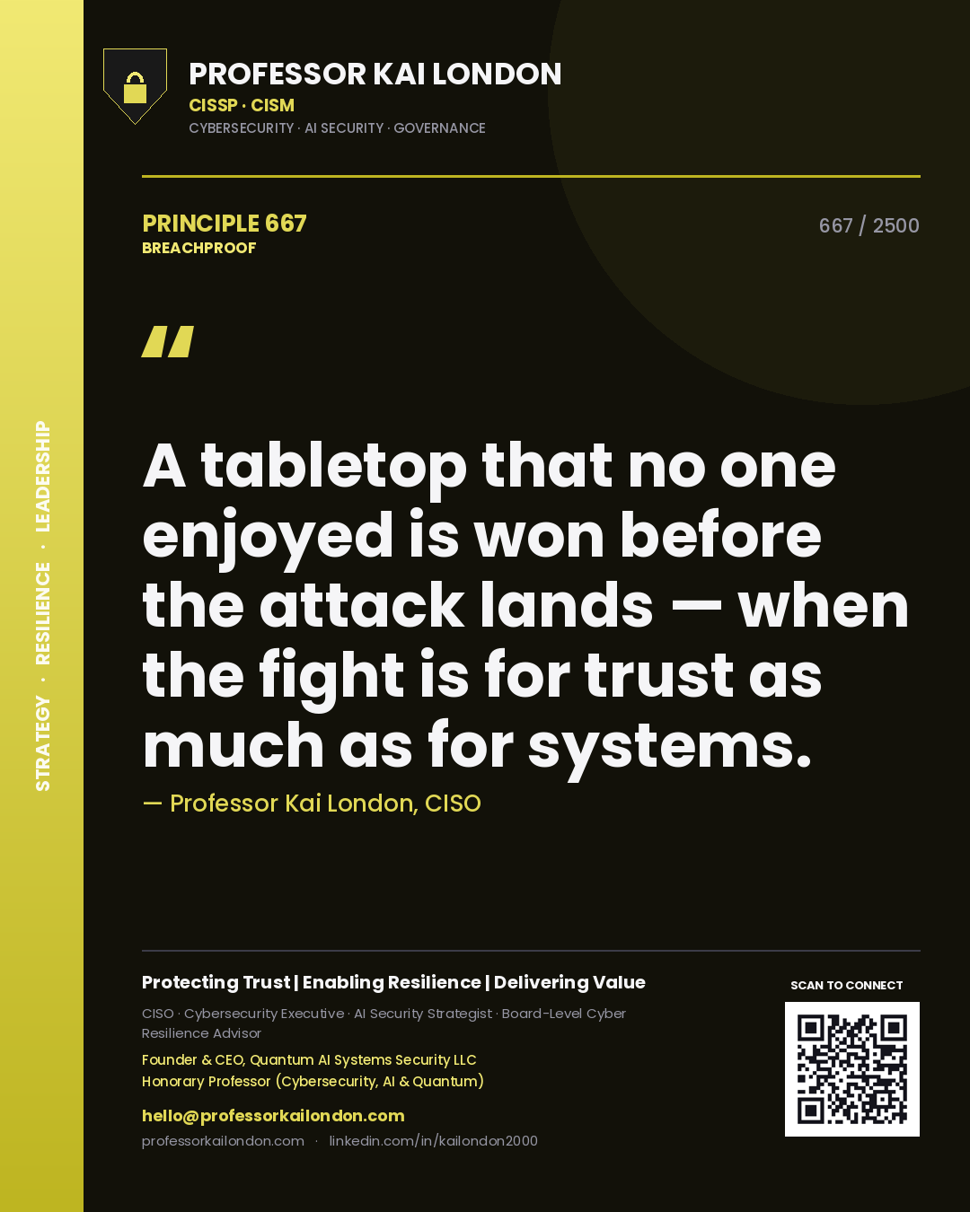 Quote card by Professor Kai London reading 'A tabletop that no one enjoyed is won before the attack lands — when the fight is for trust as much as for systems.'. From the book Breachproof.