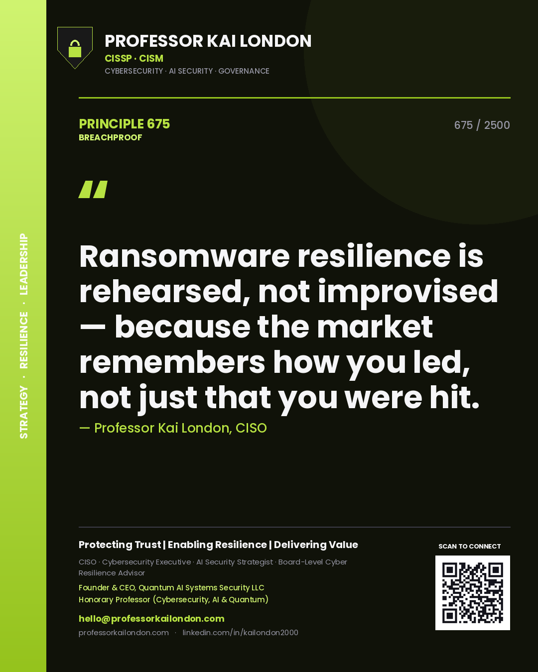 Quote card by Professor Kai London reading 'Ransomware resilience is rehearsed, not improvised — because the market remembers how you led, not just that you were hit.'. From the book Breachproof.