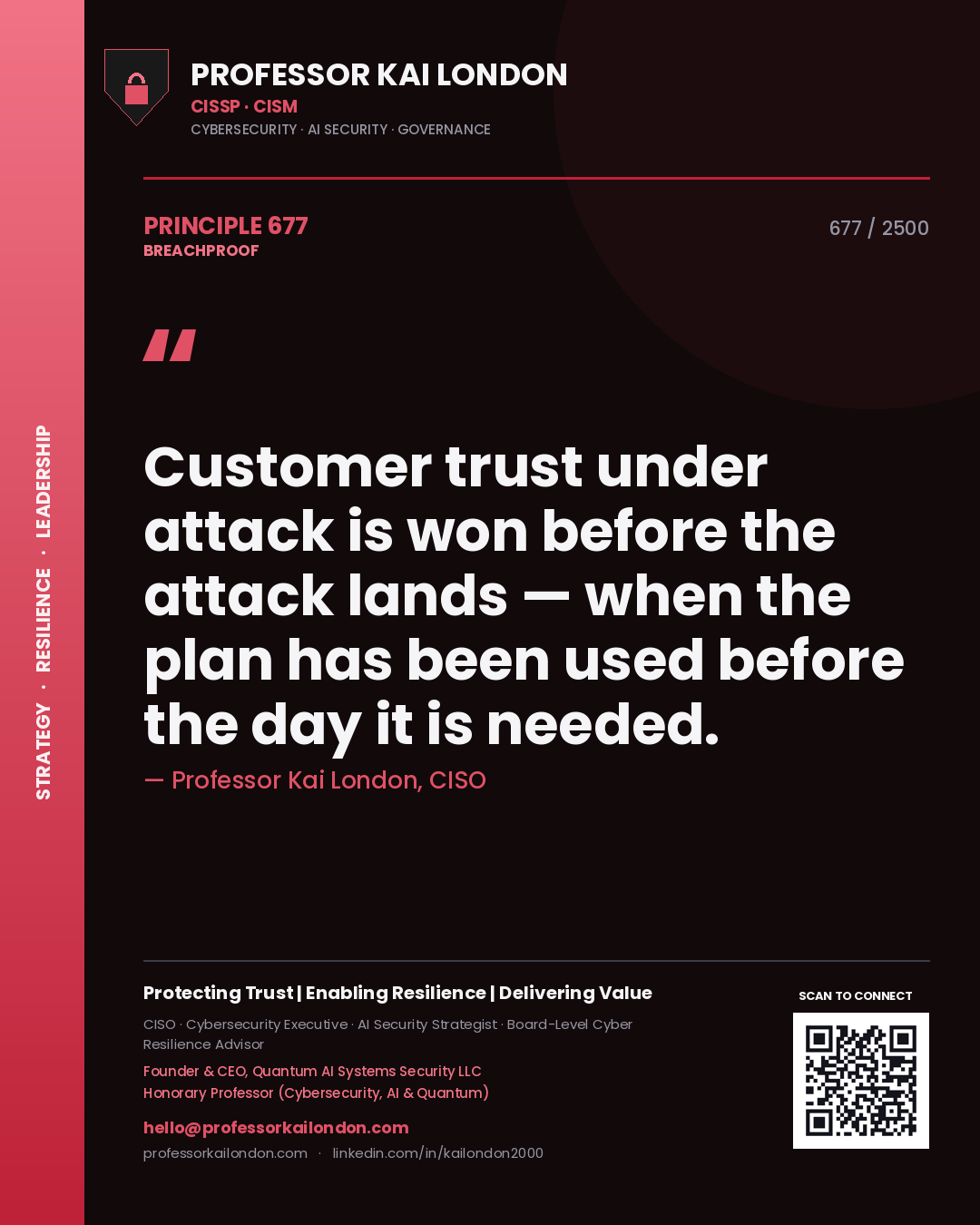 Quote card by Professor Kai London reading 'Customer trust under attack is won before the attack lands — when the plan has been used before the day it is needed.'. From the book Breachproof.