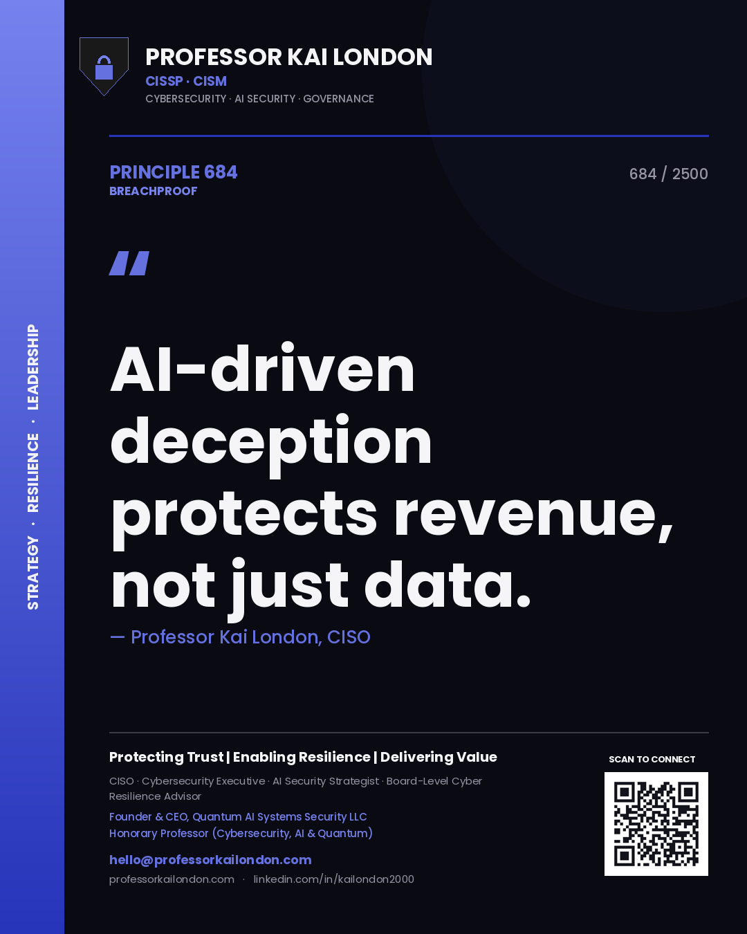 Quote card by Professor Kai London reading 'AI-driven deception protects revenue, not just data.'. From the book Breachproof.