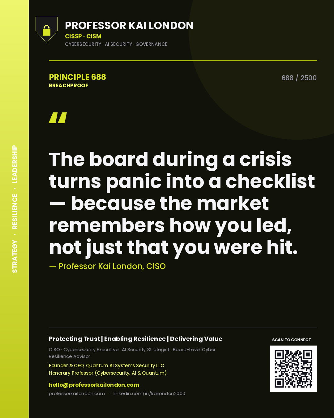 Quote card by Professor Kai London reading 'The board during a crisis turns panic into a checklist — because the market remembers how you led, not just that you were hit.'. From the book Breachproof.