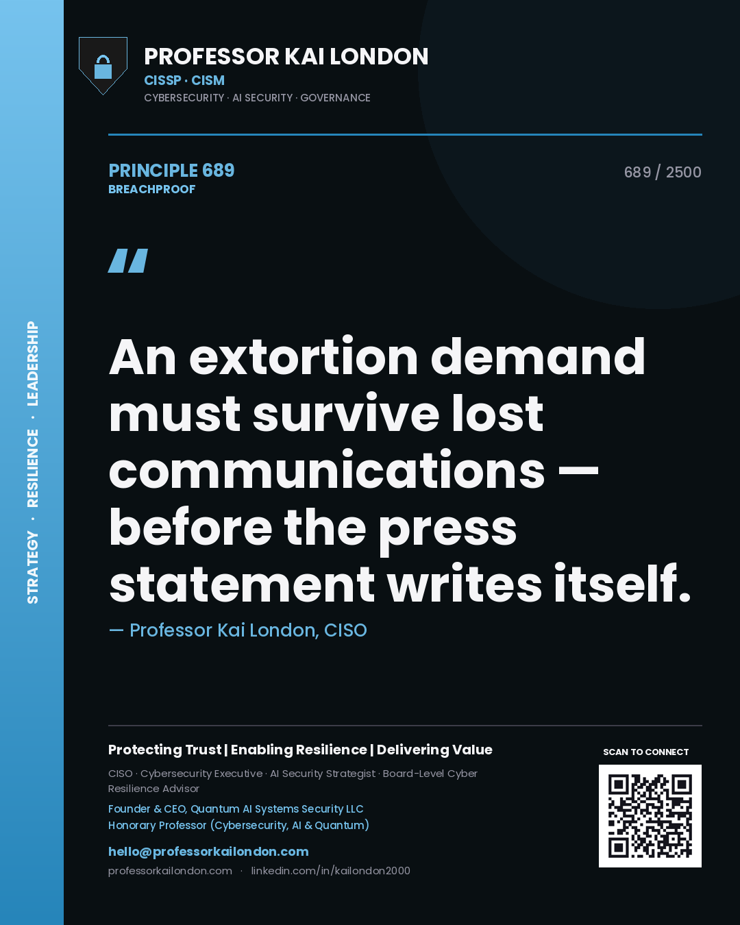 Quote card by Professor Kai London reading 'An extortion demand must survive lost communications — before the press statement writes itself.'. From the book Breachproof.