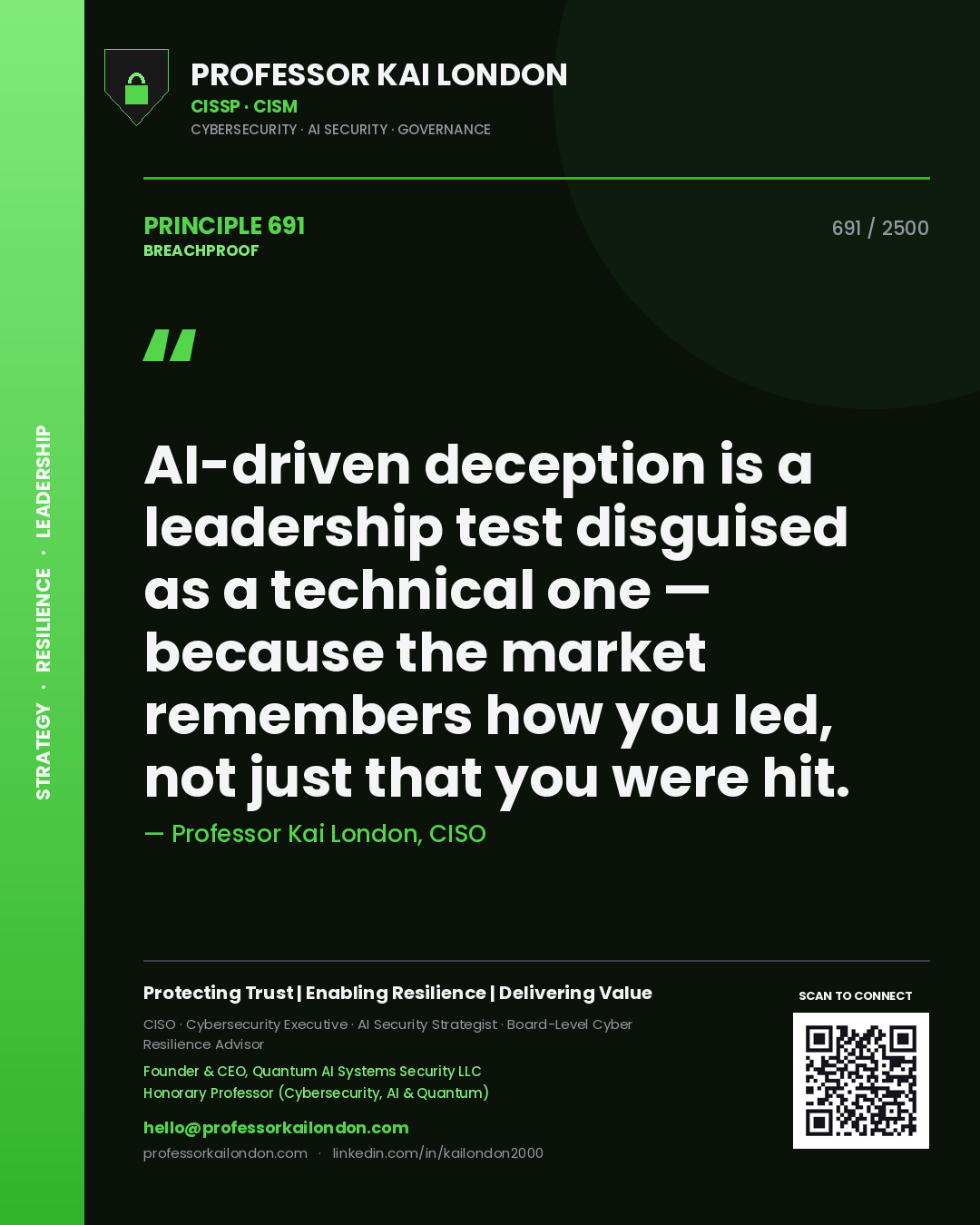 Professor Kai London principle 691: AI-driven deception is a leadership test disguised as a technical one — because the market remembers how you led, not just that you were hit.