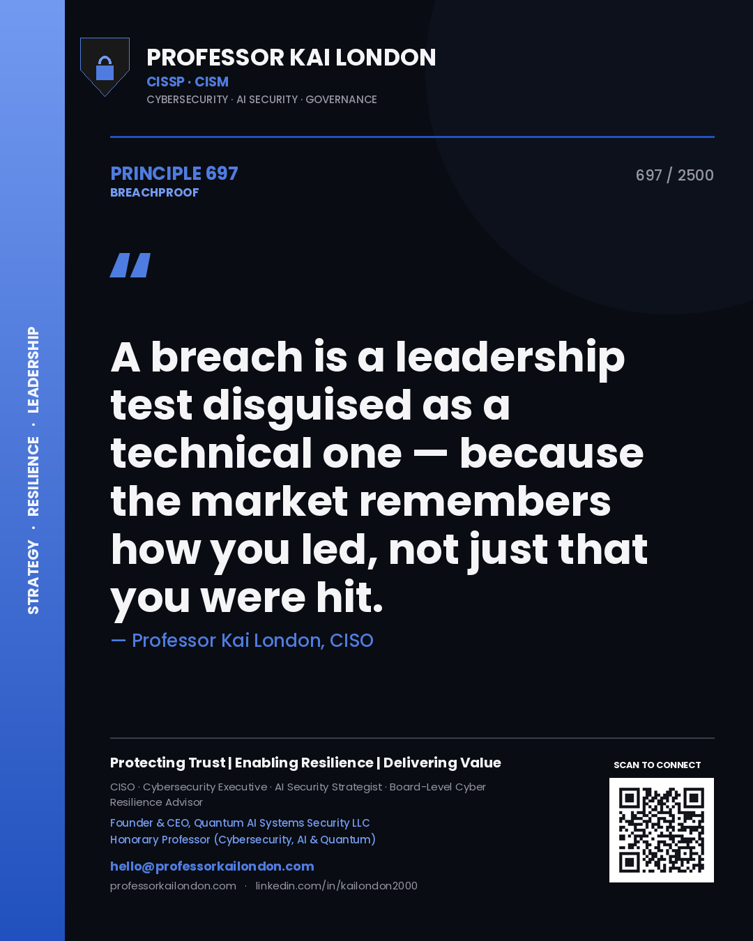 Quote card by Professor Kai London reading 'A breach is a leadership test disguised as a technical one — because the market remembers how you led, not just that you were hit.'. From the book Breachproof.