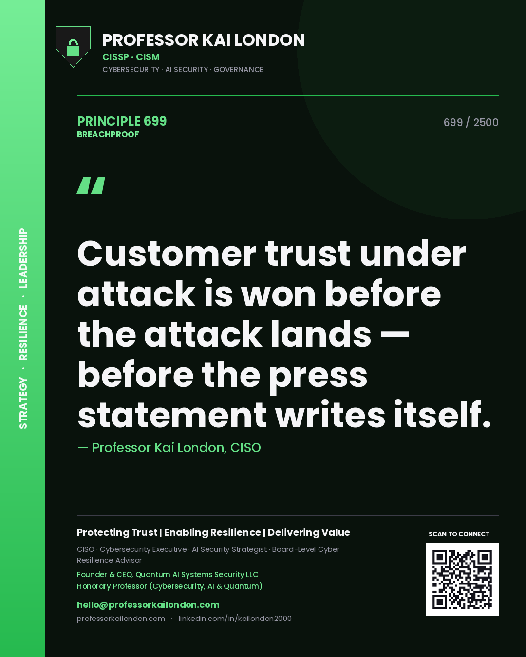 Professor Kai London principle 699: Customer trust under attack is won before the attack lands — before the press statement writes itself.